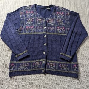 VTG 90s Cottage Floral Patterned Cardigan Sweater LARGE Blue Purple CANADA Made